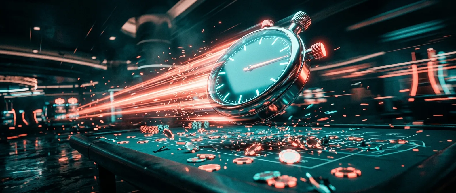 Neon coral stopwatch streaking light trails over a petrol-dark casino table with chips